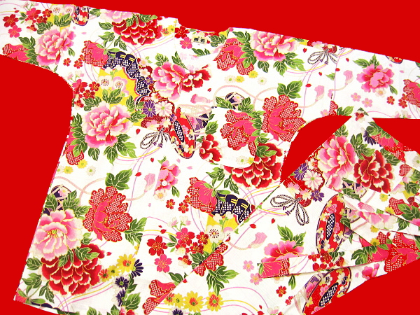 義若オリジナルの鯉口シャツ、ダボシャツ　金彩牡丹と桜（白赤）の柄